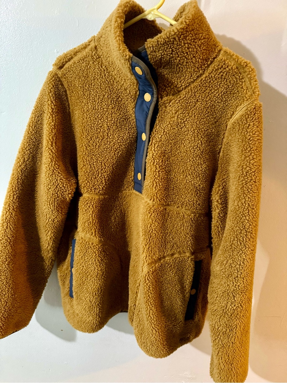 L.L. Bean Caramel Teddy Sherpa Jacket with Navy Trim